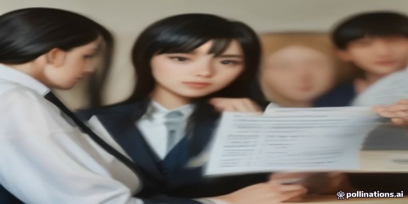 부동산 창구에서 공인중개사와 청년이 심각한 표정으로 서류를 검토하는 모습